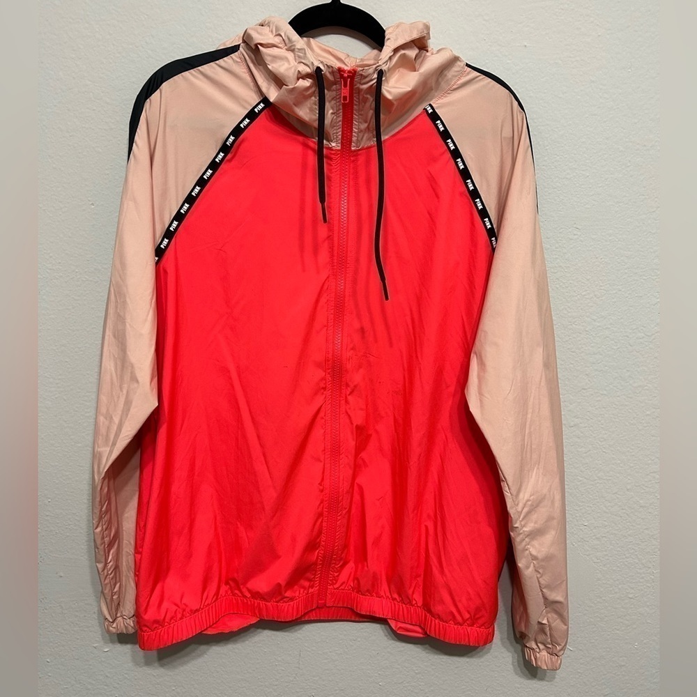 Victorias Secret PINK Colorblock Windbreaker Jacket Neon Pink Peach Black M/L